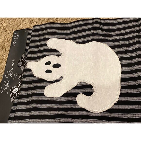 Coterie Halloween 16 x 80 in Table Runner Black Striped Ghost Embroidered Cotton - Picture 3 of 5